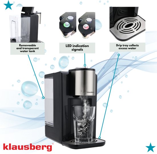 Klausberg KB7878 Hot Water Dispenser – 2,2 Liter – Temperatuurregeling (45-100°C) – Zwart & RVS – 2600W - Heetwaterdispenser