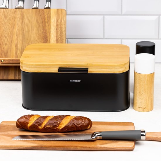 KINGHOFF - Broodtrommel - Compacte Brooddoos met Bamboe Deksel - Staal Broodbox - Brood Bewaarbox Keuken - Moderne Broodtrommel - 30 x 20 cm - Zwart
