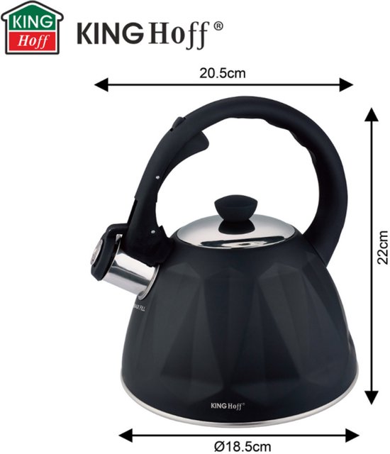 KINGHoff Fluitketel 2 Liter – RVS – Inductie Geschikt – Matte Zwarte Diamantstructuur – Soft-Touch Handgreep – KH-1997