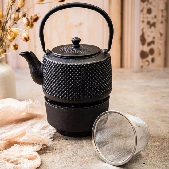 KINGHOFF - Gietijzeren Theeset met Theepot (0,8L), RVS Zeef en Warmhouder - Zwart