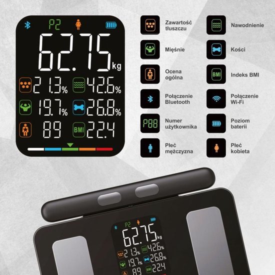 Klausberg 7856 - Slimme Bluetooth Personenweegschaal met Lichaamsanalyse en Handgreep – Gewicht, BMI, Vetpercentage, Spiermassa, Kleurendisplay - zwart