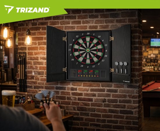 Trizand Elektronisch dartbord met afsluitbare kast, speelveld 35 cm, 4 LED displays, 27 spellen, 243 varianten, 1 tot 16 spelers, netvoeding