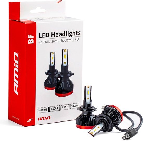 AMiO Dimlicht LED H7/H18 Koplampen 6000k Wit met Ventilator (set) [Witte koplampen - Witte Dimlichten]