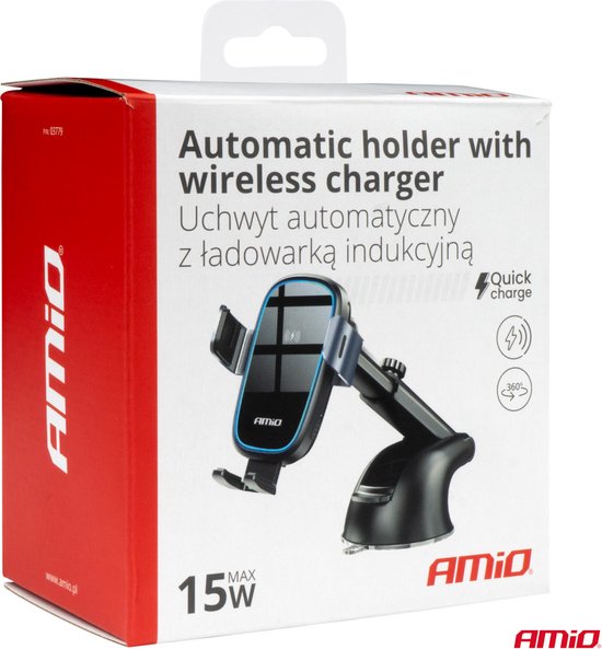 AMiO Suction Mount Telefoonhouder met 15W Draadloze Oplader - Verstelbare Arm en Herbruikbare Zuignap Zwart