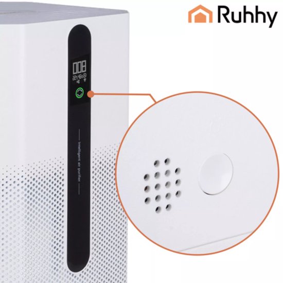 Ruhhy slimme luchtreiniger met HEPA H12 en actief koolfilter – ionisatie, WiFi-bediening en fluisterstil tot 80 m²