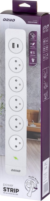 Orno - Verlengsnoer-Verlengkabel - Met Pinaarde - VOOR BELGIE - Stekkerdoos met SPD en 5 stopcontacten 2P+E, Easy Eject-systeem, 1,5 m kabel, Max 3680 W , 3x 1,5 mm² hoofdschakelaar met achtergrondverlichting en 2 snelle USB-laders (A + C)