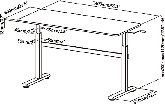 Ergo Office - Zit-sta bureau 140x60cm Handmatig in hoogte verstelbaar bureau max. 117cm | Ergonomische tafel Belastbaar tot 40kg Wit