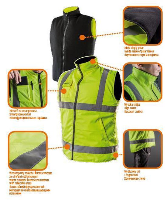 Neo Tools Bodywarmer Reflectie Maat M Waterproof Reflectie Materiaal Lange Rug Hoge Kraag 100% Polyester Buitenkant 100% Polar Fleece Binnenkant