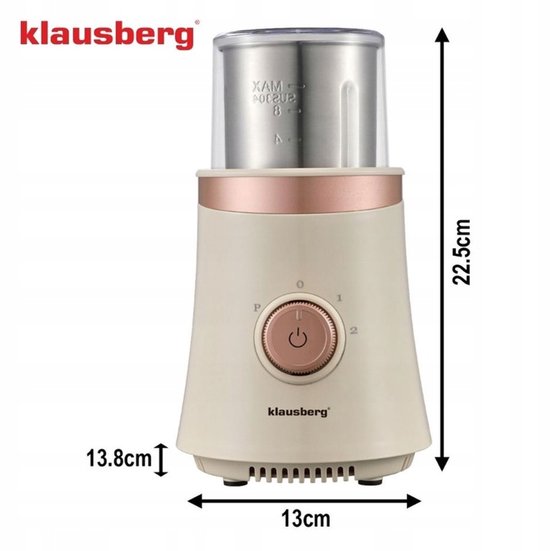 KLAUSBERG KB-7993 Elektrische 2-in-1 Koffie- en Kruidenmolen – 200W – RVS Bekers – Droog & Nat Malen – 3 Snelheden – 80g Capaciteit – beige/Koper