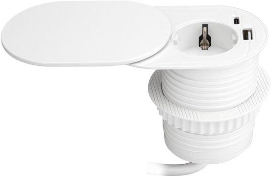 Orno Stekkerdoos inbouw - Slide open verdeelstekker met 1 stopcontact - USB A & C - Ø 60mm Stekkerblok met 1.9 meter kabel - Randaarde - Wit