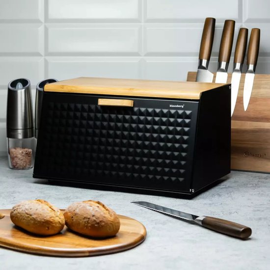 Broodbak van Staal en Bamboe - Zwart - 35,5 x 17(21,5) x 20 cm - Hygienisch en Ecologisch - Broodtrommel - Brooddoos