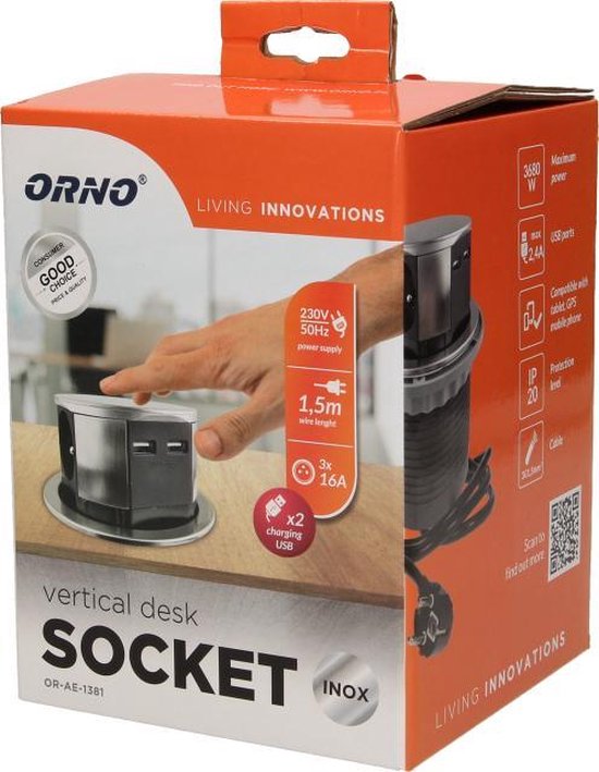 Pop-up stekkerdoos - Verdeelstekker 3 -voudig - Stekkerblok met twee USB-A laadpunten - RVS/INOX
