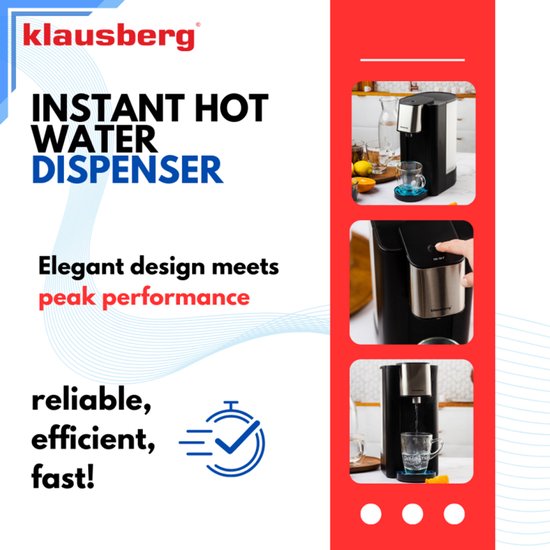 Klausberg KB7877 Hot Water Dispenser – 2,5 Liter – Zwart & RVS – 2600W – Direct kokend water in 5 seconden - Heetwaterdispenser - Waterkoker -