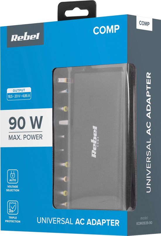 Rebel Serie - Universele Laptoplader - 90W - Automatische Spanningskeuze - 10 Aansluitingen