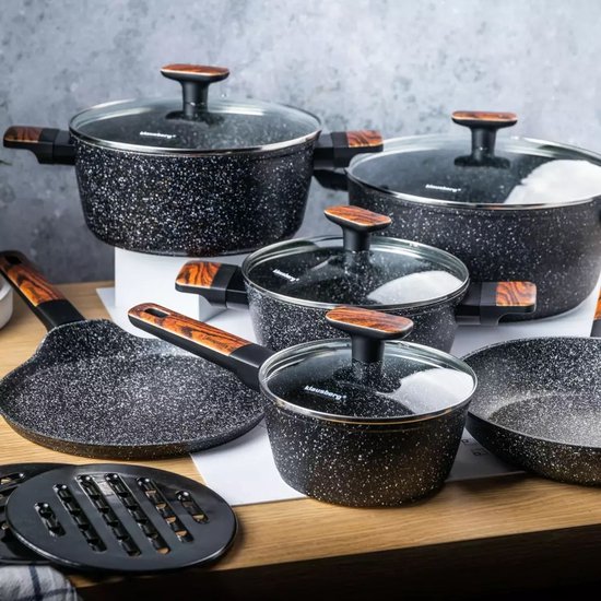 Klausberg 7831 - 12-delige Marmeren Pannenset in Zwart en bruin - Compleet en Functioneel Kookgerei met Glazen Deksels