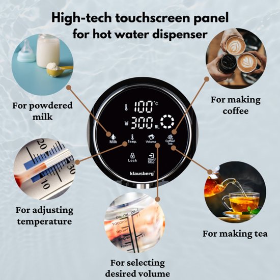Klausberg KB7880 Hot Water Dispenser – 2,7 Liter – LED Touchbediening – Temperatuur- & Volumecontrole – 2600W - Heetwaterdispenser