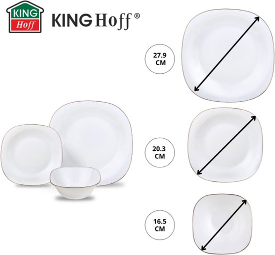 KingHoff Servies Set TOPAZ 18-delig - Wit Vierkant Bordenset met Gouden Rand - Servies voor 6 Personen - Geschikt voor de Vaatwasser
