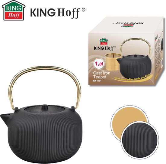 Kinghoff KH-1931 - Gietijzeren theepot - met zeef - geëmailleerde binnenkant - 1l - zwart met gouden handvat