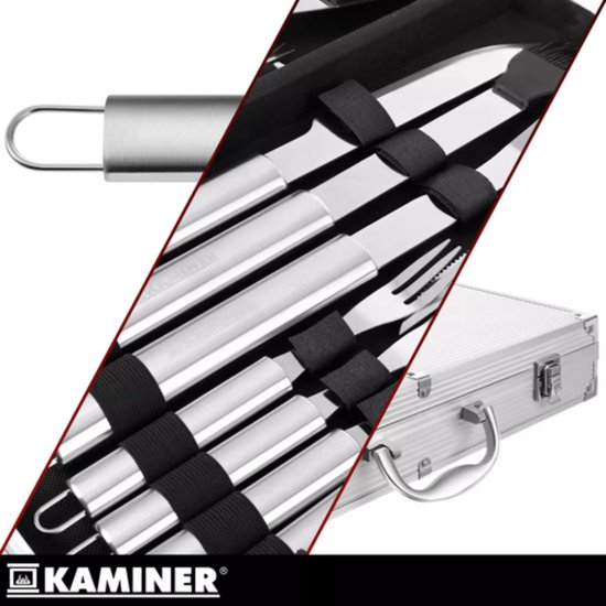 Kaminer Complete barbecue gereedschapset 26 delig met rvs grilltools, steakmessen, spiesen en aluminium opbergkoffer