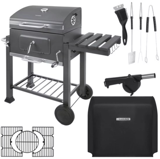 Kaminer Zwarte houtskool barbecue 116 x 70 x 110 cm met thermometer en zijtafel
