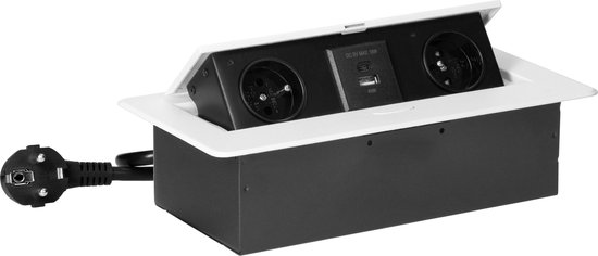 Bureau stekkerdoos - Pop up stekkerblok met 2 stopcontacten, USB A & C - Inbouw Verdeelstekker met RVS afwerking - Verdeeldoos met 1.5 meter kabel - voor max. 3680 Watt - Penaarde - Wit