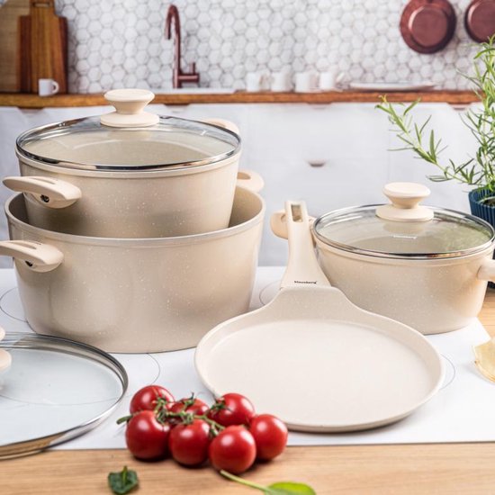 Klausberg KB-7963 Pannenset 7 Delig Beige | Marmer Anti-aanbaklaag | Inclusief Koekenpan 24 cm | Geschikt voor Inductie