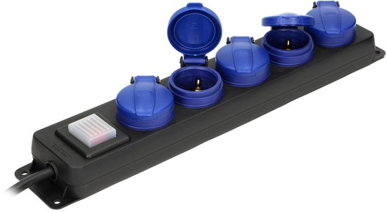 Orno Vrijstaande Stekkerdoos voor buiten - Verlengsnoer met Aan/uit knop - 5 stopcontacten - kabellengte 5 meter - IP44 - Zwart/blauw