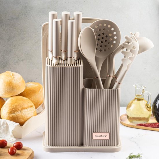 Klausberg Keukenset 15-delig - Mesblok met 5 Messen, 5 Siliconen Keukengereedschappen en Snijplank - Beige