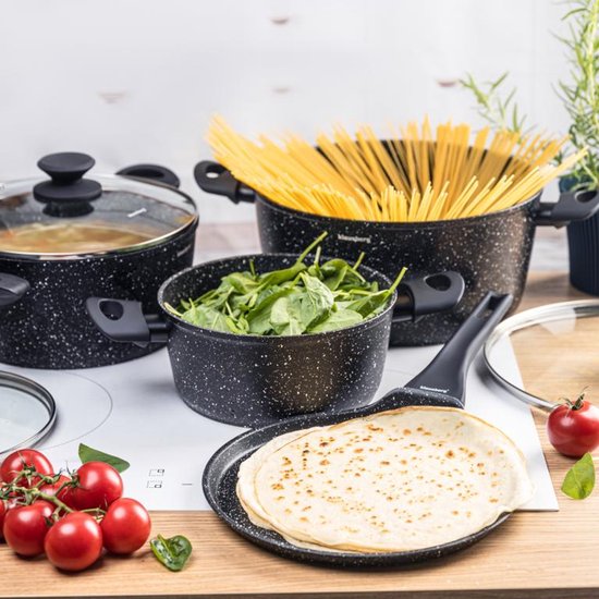 Klausberg KB-7962 Pannenset 7 Delig Zwart | Marmer Anti-aanbaklaag | Inclusief Pannenkoekenpan | Geschikt voor Inductie