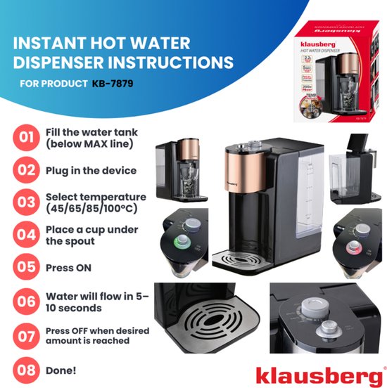 Klausberg KB7879 Hot Water Dispenser – 2,2 Liter – Temperatuurregeling (45-100°C) – Zwart & Rose Gold – 2600W - Heetwaterdispenser