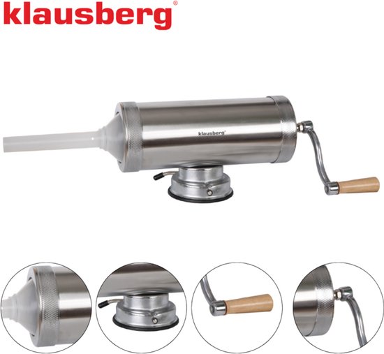 Klausberg Worstvuller Horizontal - Vleesvuller - 2,5 kg Capaciteit - RVS - Met Zuignap en 3 Spuitmonden - KB-7925