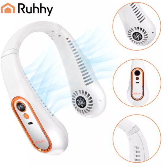 Ruhhy Draagbare nekventilator wit met goudkleurige accenten 5 standen USB C oplaadbaar