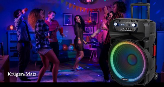 Krüger & Matz KM1718 Mobiele Actieve Luidspreker Party Speaker Box LED ring (met 2 UHF draadloze microfoons, SD, Bluetooth 5.0 , FM, USB) 60 Watt zwart