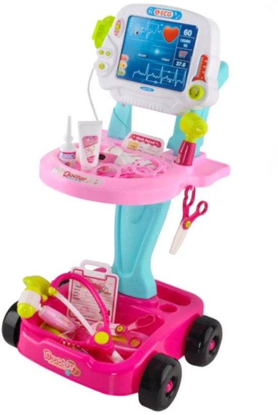 Ruhhy doktersset roze trolley 18-delig – educatief kinderspeelgoed met licht- en geluidseffecten, medische accessoires en wieltjes