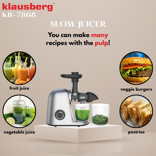 Klausberg KB-7868 Slow Juicer – 150W | Cold Press | Groenten en Fruitpers – Met Pulpreservoir | Grijs | Stille Horizontale Juicer met 7-Traps Perssysteem