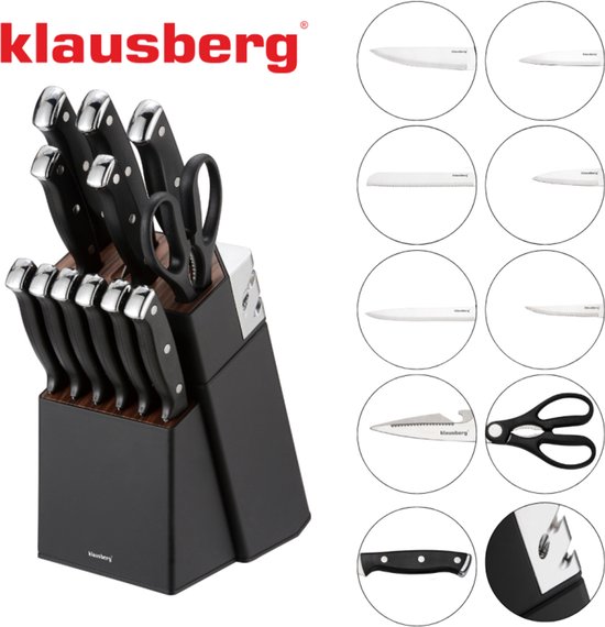 Klausberg KB-7985 13 Delig Messenset - Zwart Messenblok met Slijpstaaf - 6 Stekmessen Inclusief - Messenset met Blok - O.a. Broodmes, Koksmes, Vleesmessen en Schaar