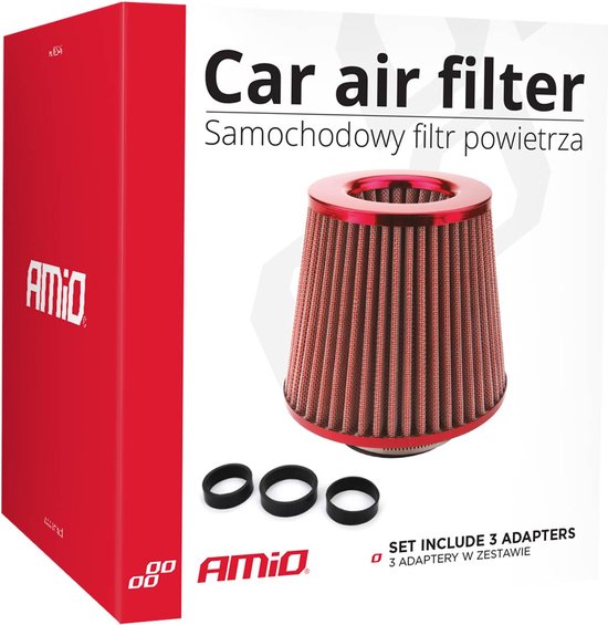 AMiO Open Luchtfilter Sport Filter met Cold Air Intake & 3 Adapters Rood