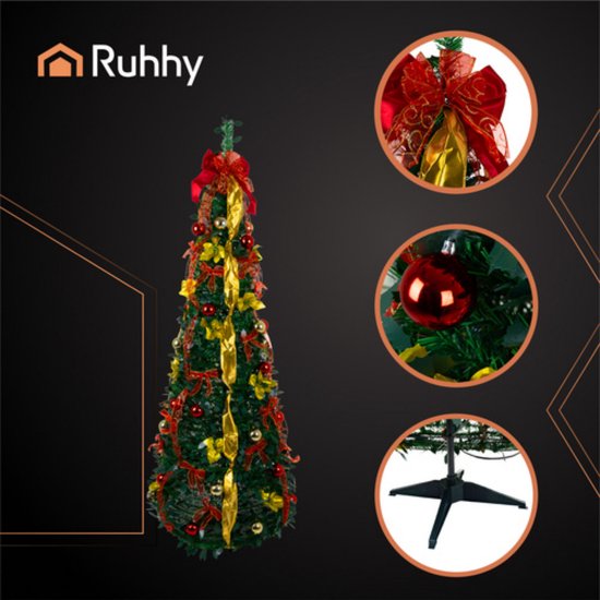 Ruhhy Kant en klare opvouwbare kerstboom 180 cm – met gouden linten en rode kerstballen