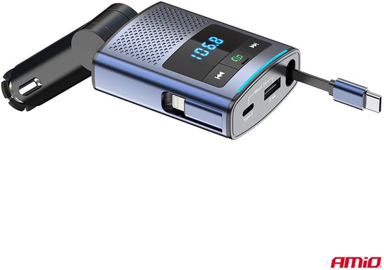 AMiO Car FM Transmitter – Bluetooth – USB-A en USB-C – Ingebouwde Uittrekbare USB-C Kabel – 12V/24V – Handsfree en Snelladen