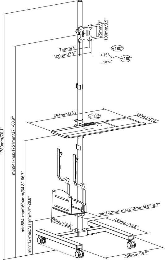 Maclean MC-793 - Monitorstandaard op wielen - statief - PC houder - trolley voor de monitor - ideale stand-up werkplek!