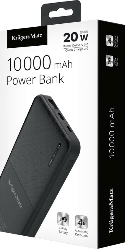 Krüger&Matz Powerbank - 10000 mAh - 1x USB-A 1x USB-C - Quick Charge 3.0 - 20W - Zwart