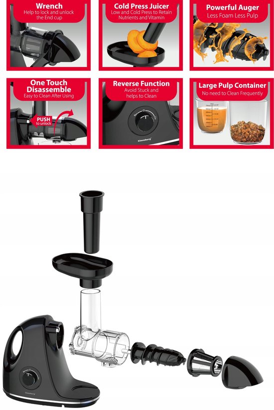 Klausberg Slow Juicer KB-7861 – 150W | Cold Press | Stille Juicer voor Groente, Fruit & Kruiden – BPA-vrij – Zwart - 700ml