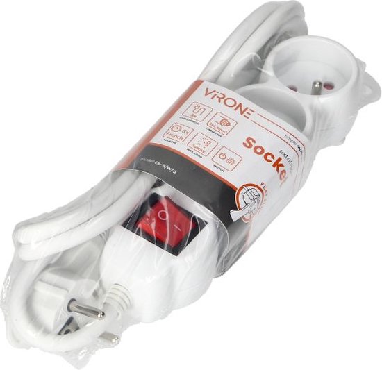 Stekkerdoos - Verlengsnoer-Verlengkabel - Met randaarde - 3x 2P+E met schakelaar, 3 meter H05VV-F 1x1,5mm2, Imax=16A, wit max 3680 watt