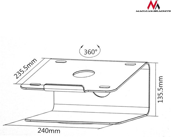 Aluminium Houder Stand voor laptop Maclean MC-730 Ventilatiesysteem in het midden van het steunvlak