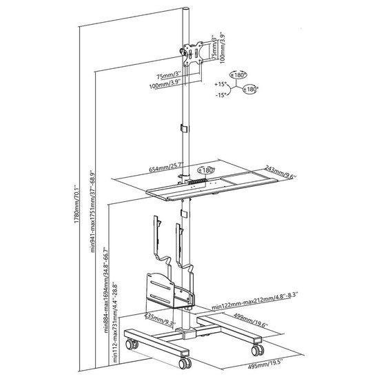 Maclean professionele Monitorstandaard - mobiel computerwerkstation op wielen - Pc-monitorstandaard houder 17-32 -, max 20kg, MC-793