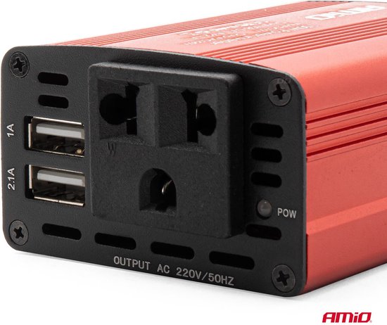 AMiO Stroom Omvormer 12V/230V Sigarettenplug naar Stopcontact Rood (2 x USB) 150W/300W