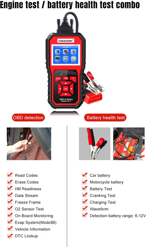 Konnwei KW870 Serie - Diagnostische OBD2 Scanner - Accutester - 6-18V Batterijen - LCD Scherm