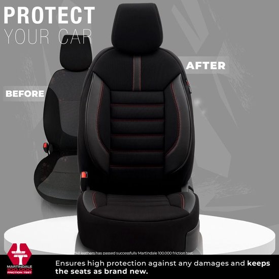 Universele Stoffen/Leder Stoelhoezenset 'Limited' Zwart + Rode stiksels - 11-delig - geschikt voor Side-Airbags