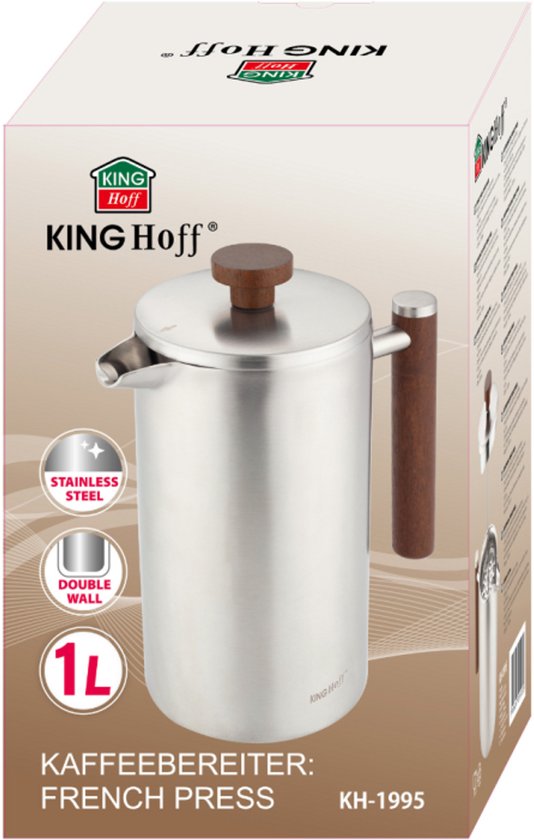 KINGHoff French Press 1 Liter – RVS 304 – Dubbelwandig – Houten Handgreep – Luxe Koffie & Thee Zetter – KH-1995