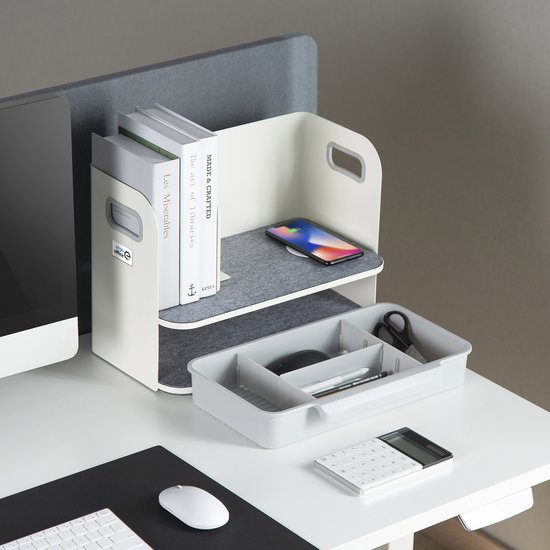 Ergo Office - reau-organizer met draadloze oplader | De en boekensteun voor kantoorbenodigdheden | Bureau-organizer Bureaublad tot 10 kg Wit